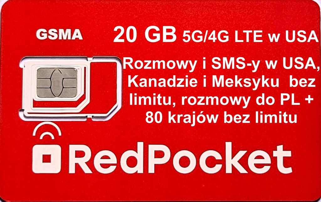 SIM USA Red Pocket AT&T, CA/MX 20 GB, rozmowy PL
