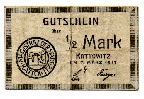KATOWICE Kattowitz Stadt 1/2 Mk 1917