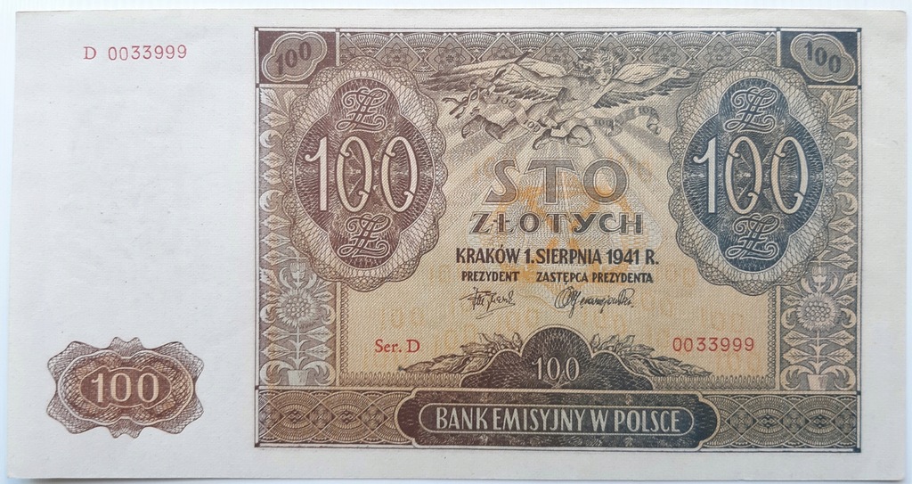 100 ZŁOTYCH 1941 seria D - ciekawy numer Stan -1