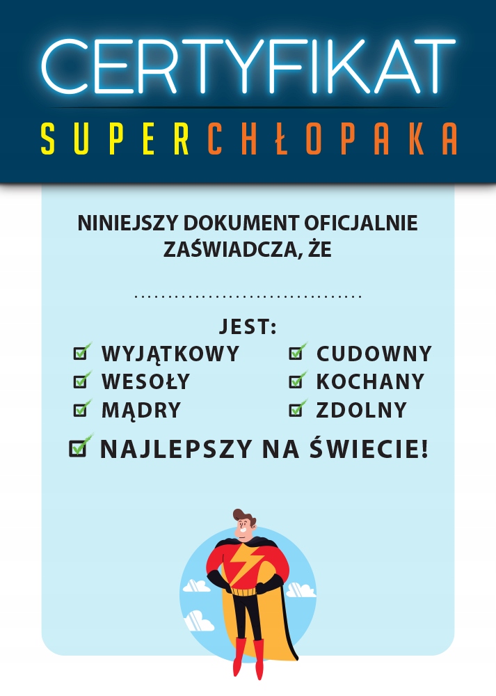 CERTYFIKAT Super Chłopak Dzień Chłopaka A4 prezent