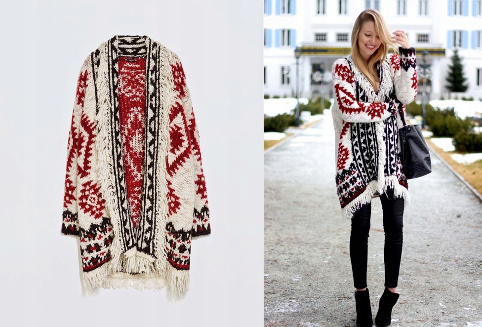 ZARA KARDIGAN FOLKOWY SWETER FRĘDZLE M A031 7987736530 - Main Image