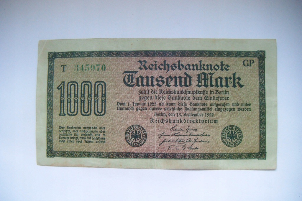 Banknot Niemcy 1000 marek 1922 r. seria T