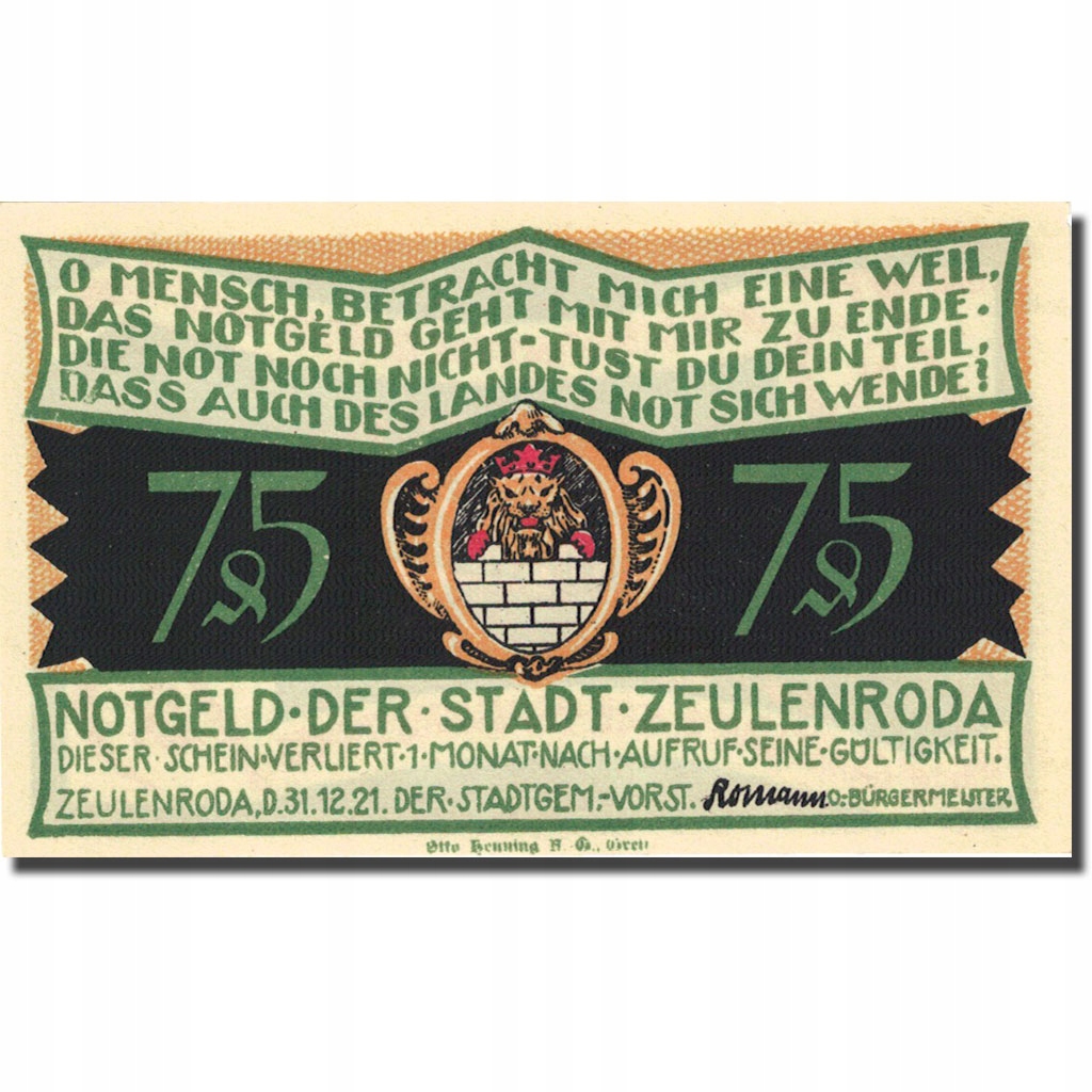Banknot, Niemcy, Zeulenroda, 75 Pfennig, Incendie,