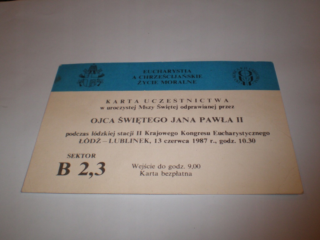 Łódź - Lublinek 1987 - karta uczestnictwa Papież