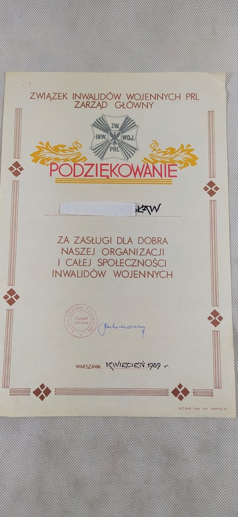 Zw.Inw.Woj. PRL, podziękowanie, 1989
