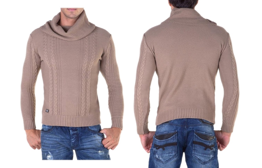 Beżowy modny sweter CIPO BAXX C-6360 XXL KOŁNIERZ