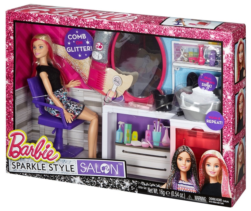 Barbie Brokatowy salonik fryzjerski + lalka DTK04