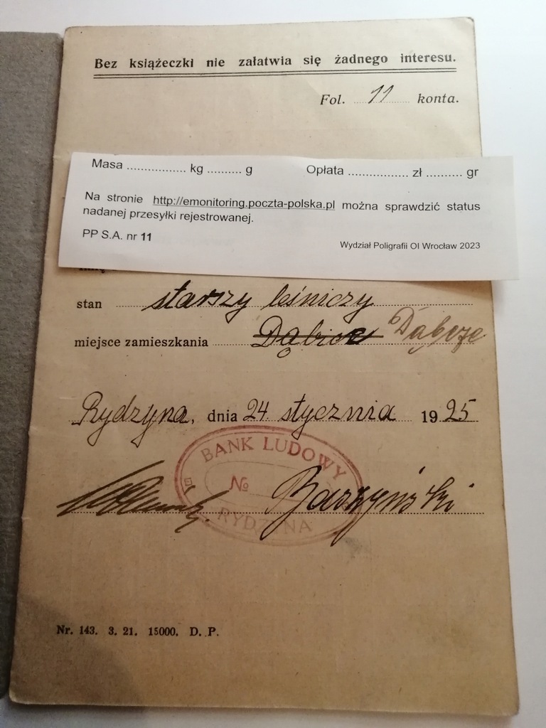 RYDZYNA 1925 ROK - KSIĄŻECZKA BANK LUDOWY