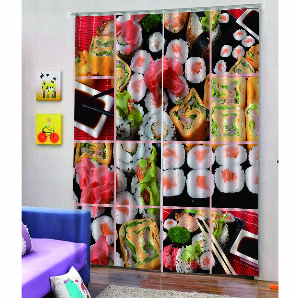 3D Sushi Food Printing Window Curtains Kitchen Living Room 150 x166cm