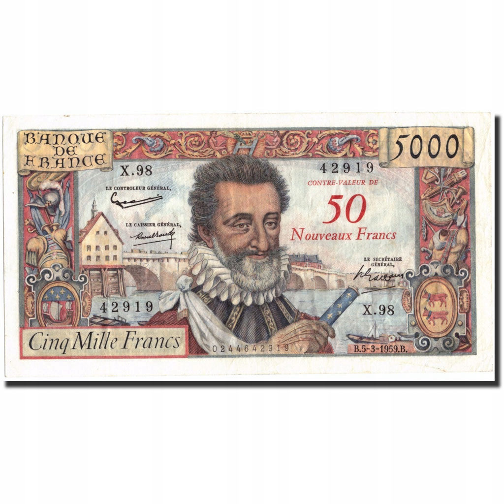 Banknot, Francja, 50 Nouveaux Francs on 5000 Franc