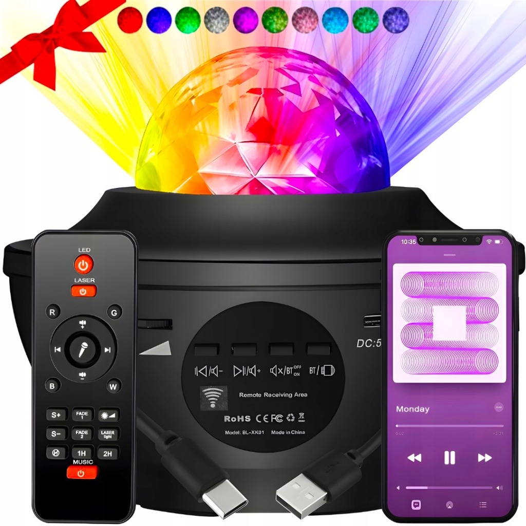 ZESTAW PROJEKTOR ŚWIATŁA KOLOROWE GŁOŚNIK RZUTNIK NOCNY LED PILOT SYLWESTER