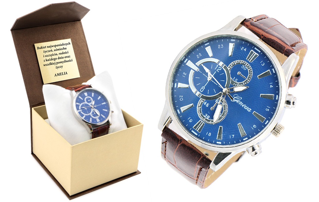 Zegarek męski Geneva blue pasek pudełko z grawer