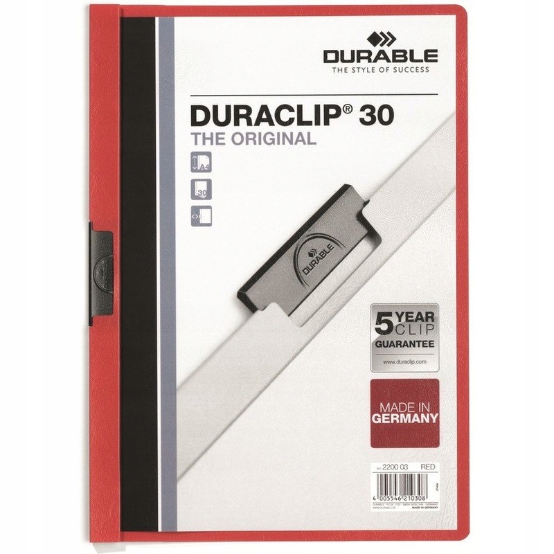 SKOROSZYT Z KLIPSEM A4 DURABLE DURACLIP 30, CZERWO