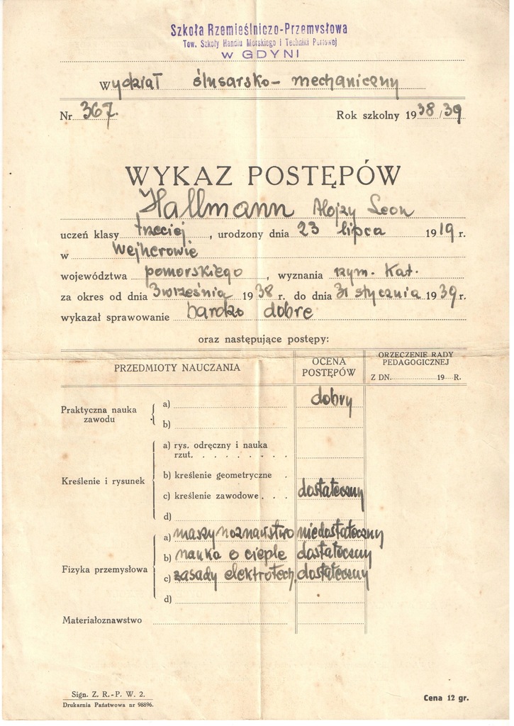 Stare świadectwo zawodowe Gdynia - Wejherowo 1939