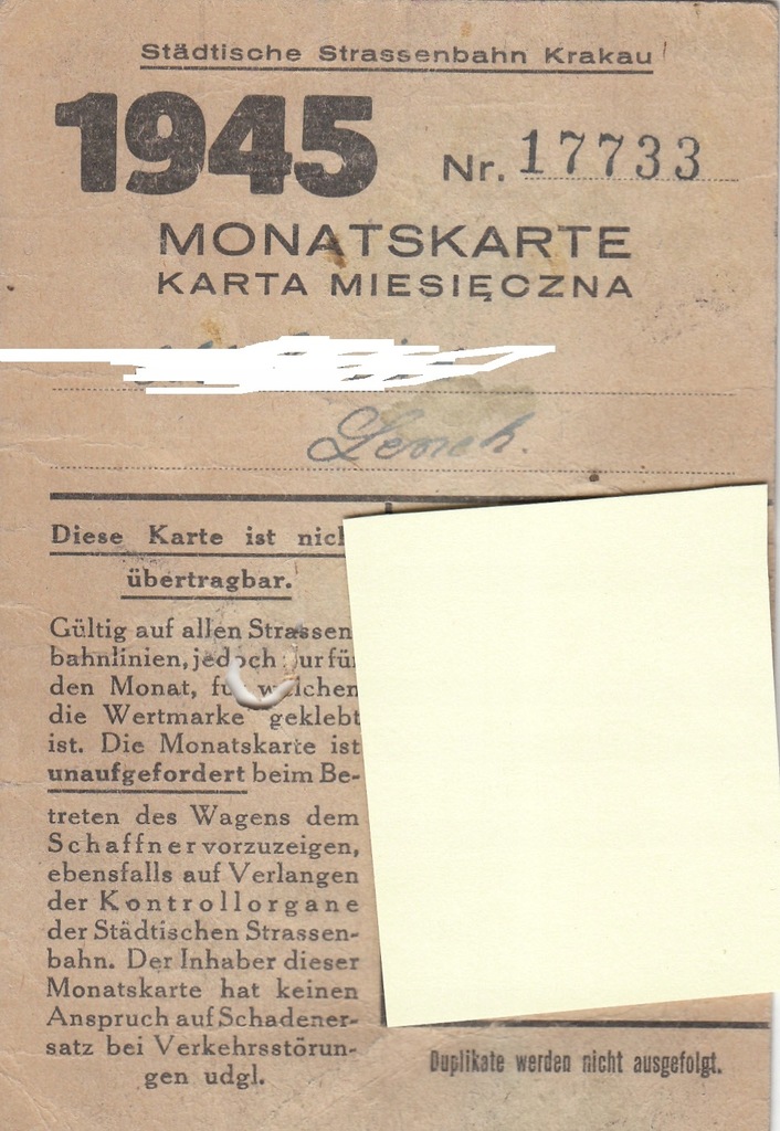 KRAKAU 1945 KRAKÓW MONATSKARTE KARTA NA LINIE TRAMWAJOWE