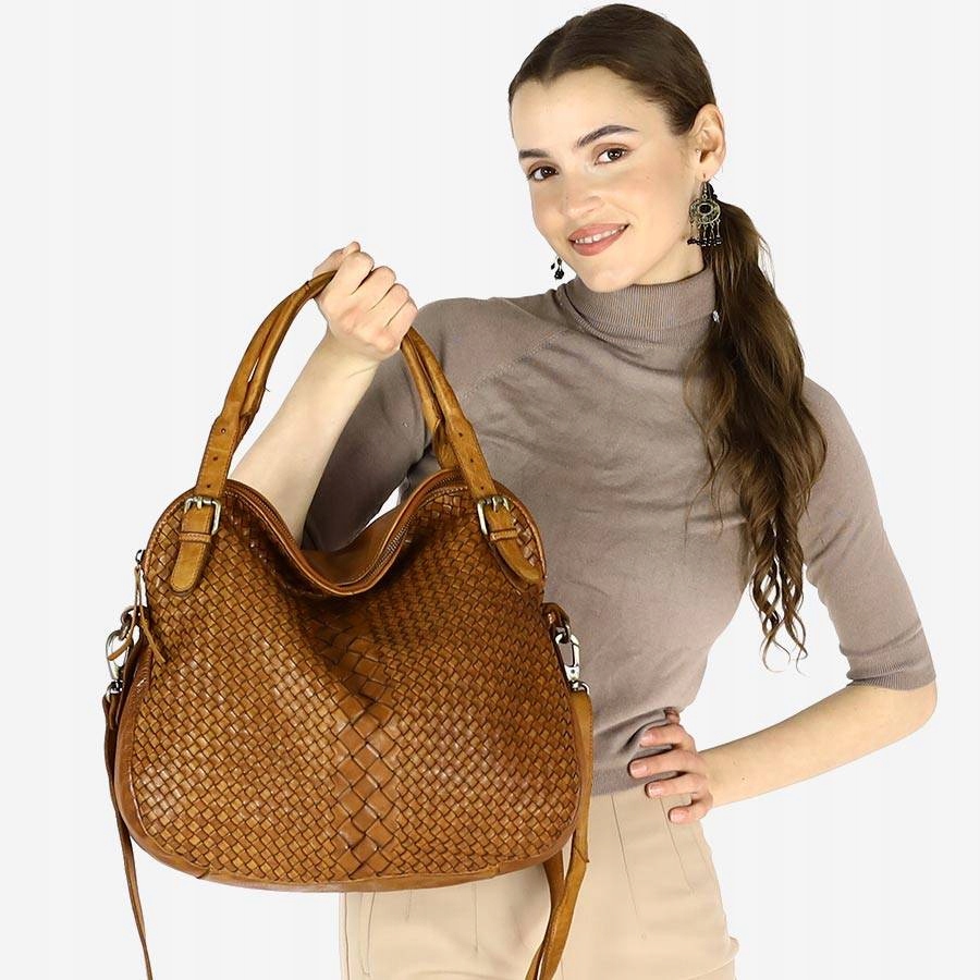 Skórzana torebka damska na ramię kuferek pleciony camel MARCO MAZZINI VS2b