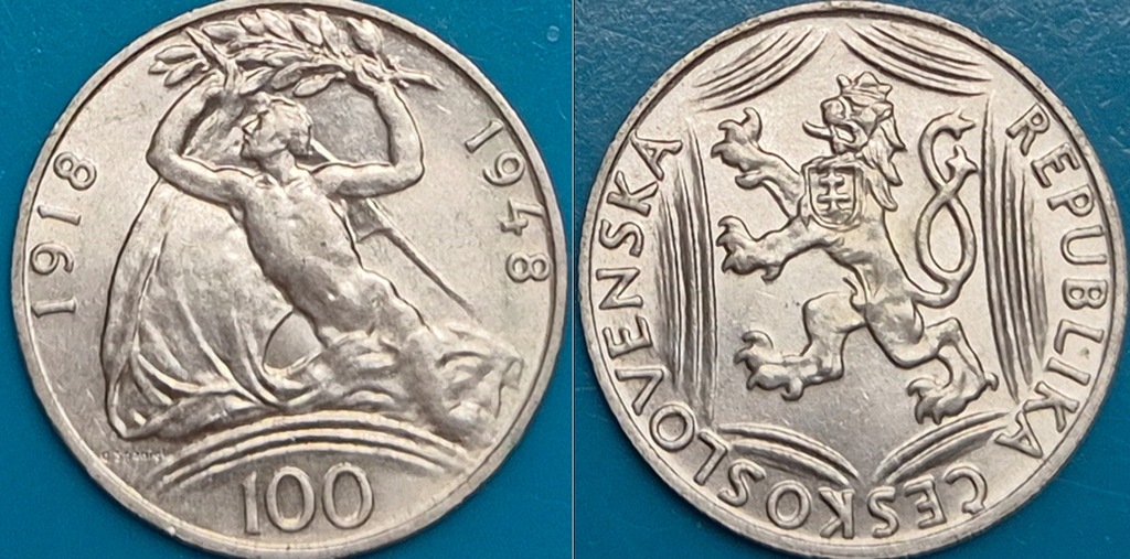 Czechosłowacja 100 koron 1948r. 30 lat niepodległości KM 27 srebro 14 gram