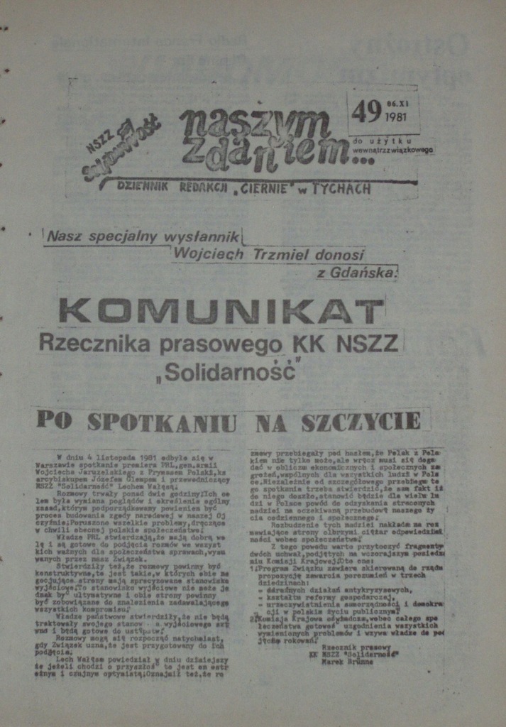 NASZYM ZDANIEM nr 49, Solidarność Tychy 1981