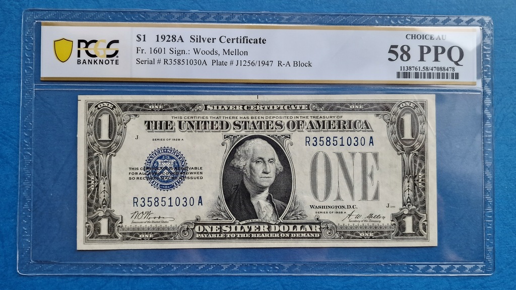 1 dolar USA 1928A Silver Certificate PCGS 58 PPQ!