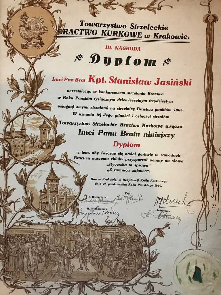 Dyplom Bractwo Kurkowe w KRAKOWIE 1930 r. RRYTAS !