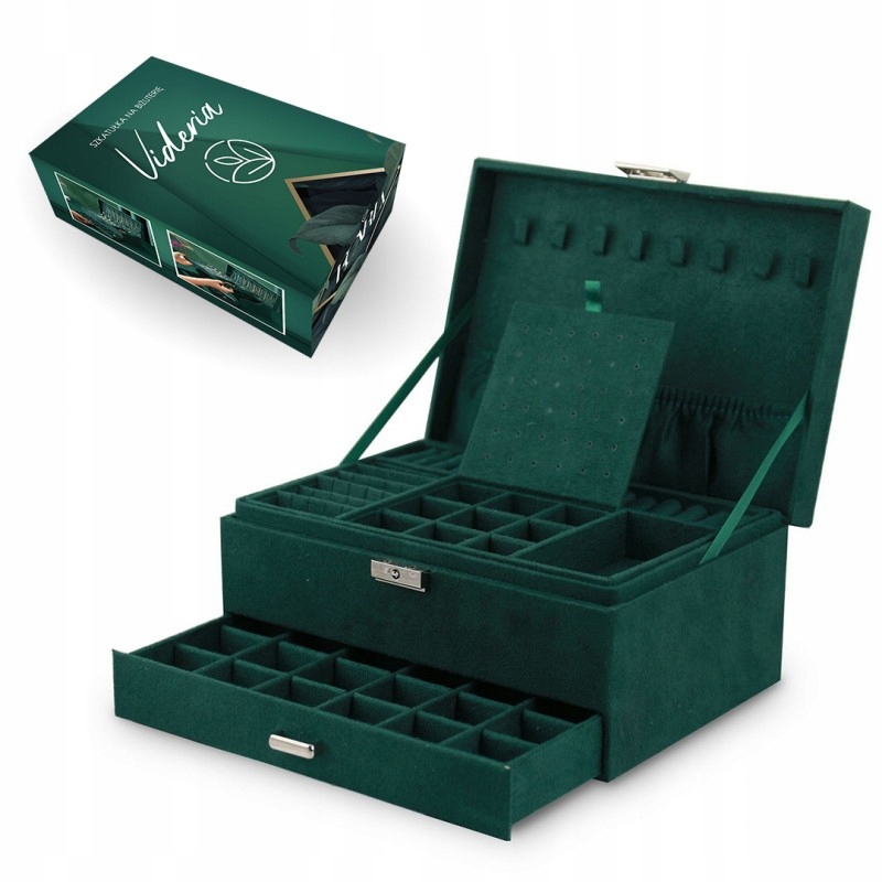 Szkatułka na biżuterię kuferek etui organizer butelkowa zieleń pudełko PD11
