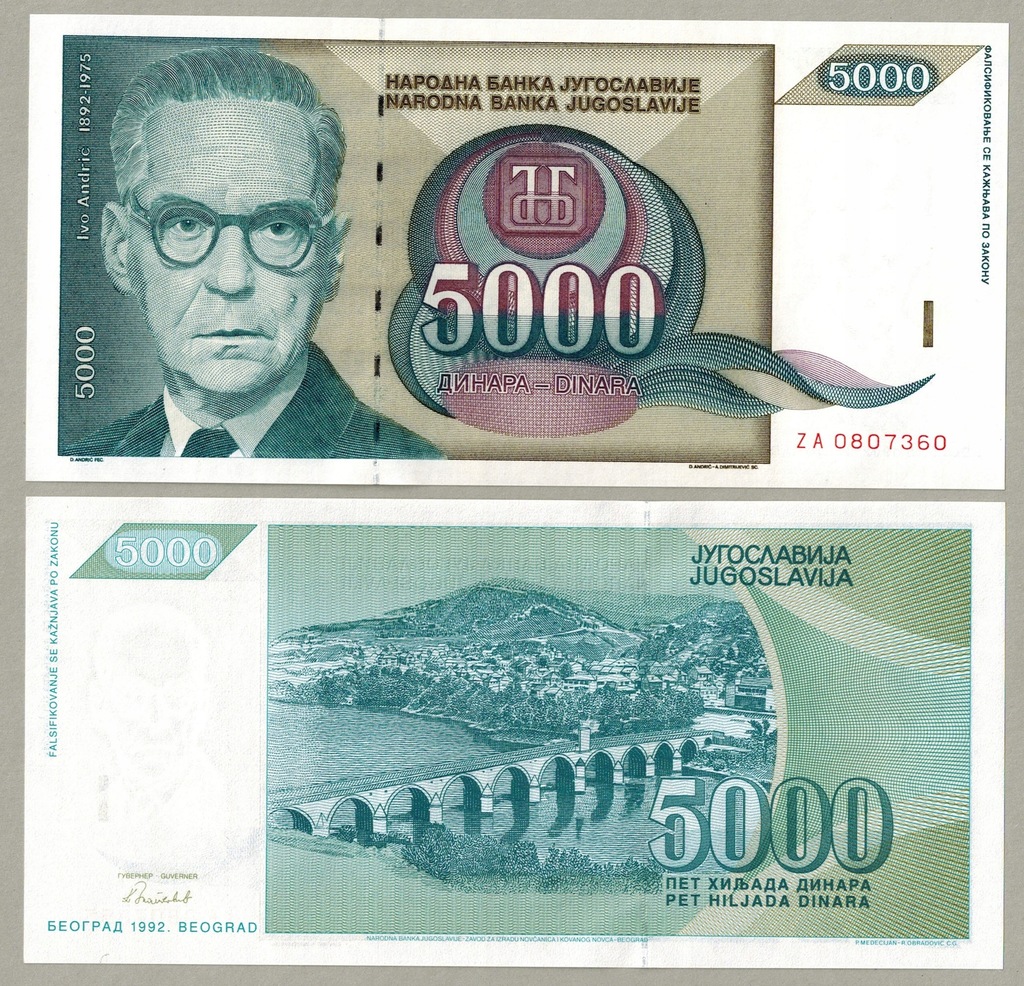 Jugosławia 5000 Dinar 1992 P-115r UNC Zastepczy ZA