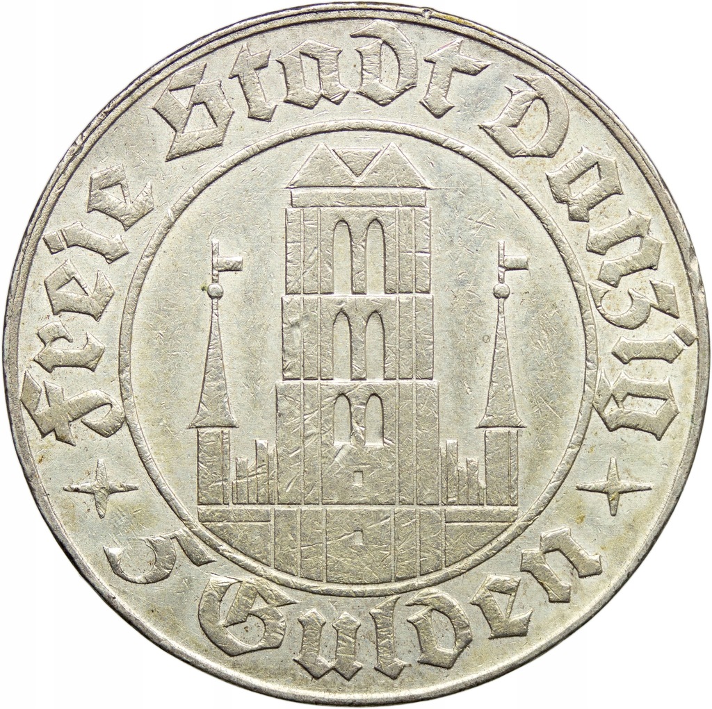 Wolne Miasto Gdańsk, 5 guldenów 1932, Kościół, st. 2+, BARDZO ŁADNA