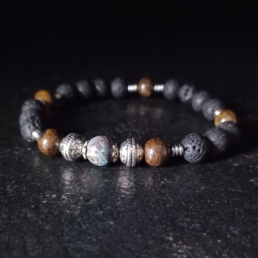 Bransoletka męska Lawa+Jaspis+Bronzyt kamienie 8mm