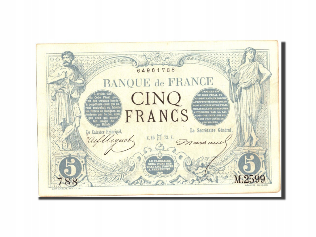 Banknot, Francja, 5 Francs, Noir, 1873, 1873-05-16