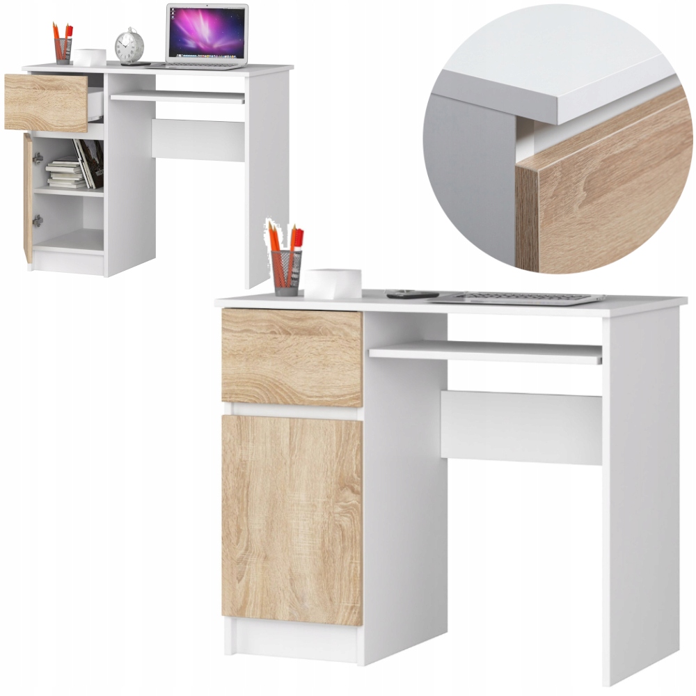 BIURKO KOMPUTEROWE BIUROWE BIAŁE DĄB SONOMA SZUFLADY 90 NOWOCZESNE A6 LEWE