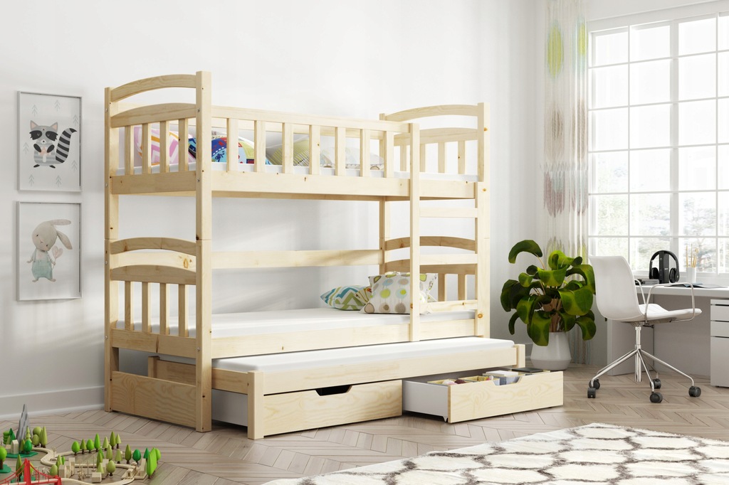 łóżko dziecięce DREWNIANE PIĘTROWE 3 osobowe DMINIK + MATERACE