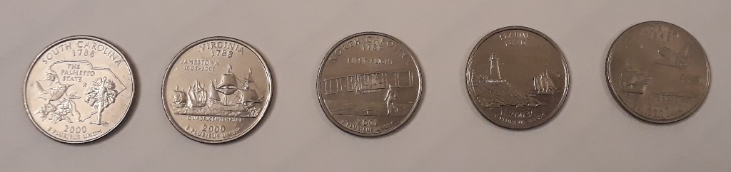 5x 25 centów - Carolina, Virginia, Maine, Florida