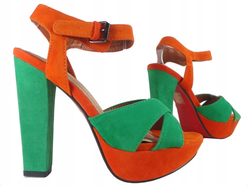 Zielono pomarańczowe buty sandały na słupku 38