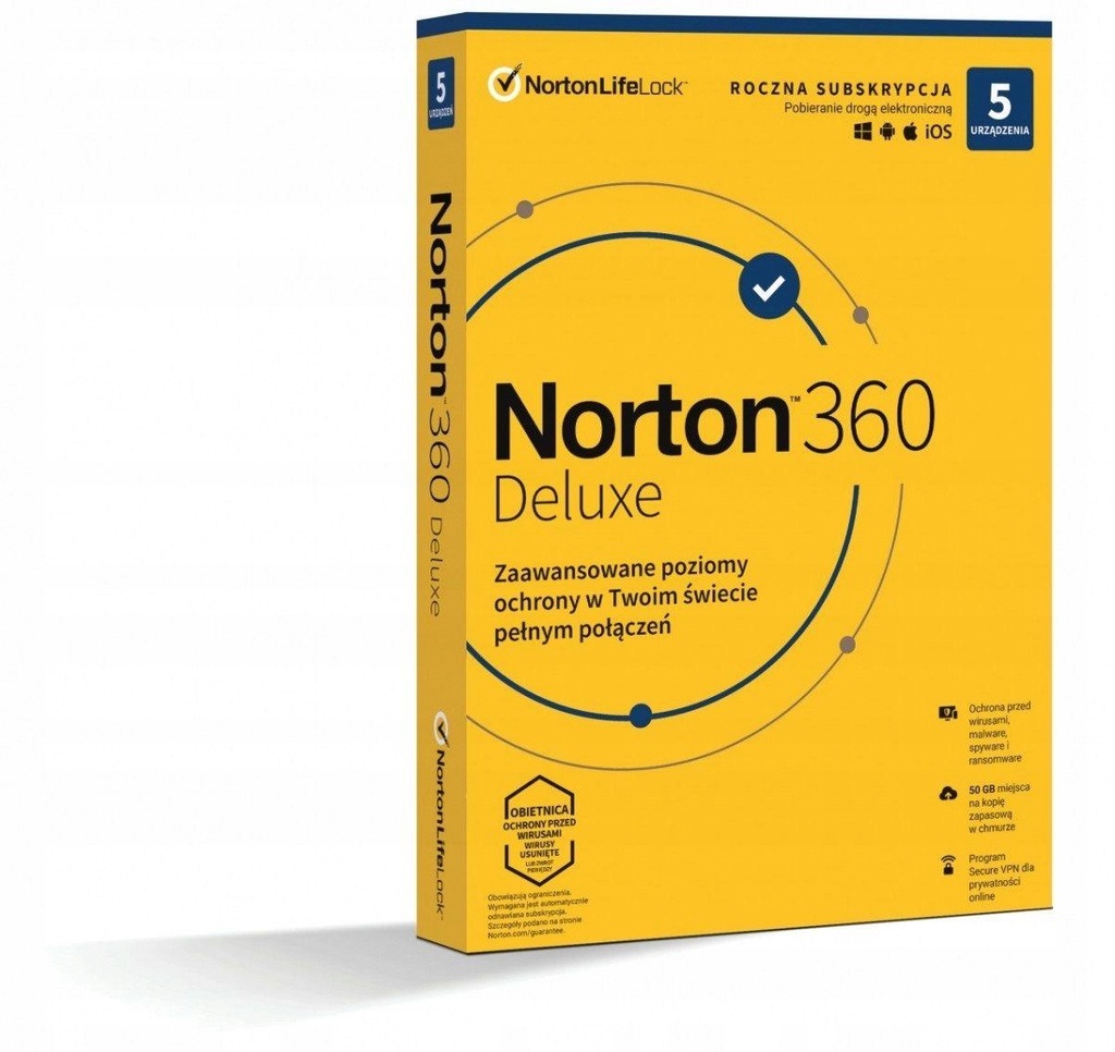 Oprogramowanie NORTON 360 Deluxe 50GB PL 1 użytkownik, 5 urządzeń, 1 rok