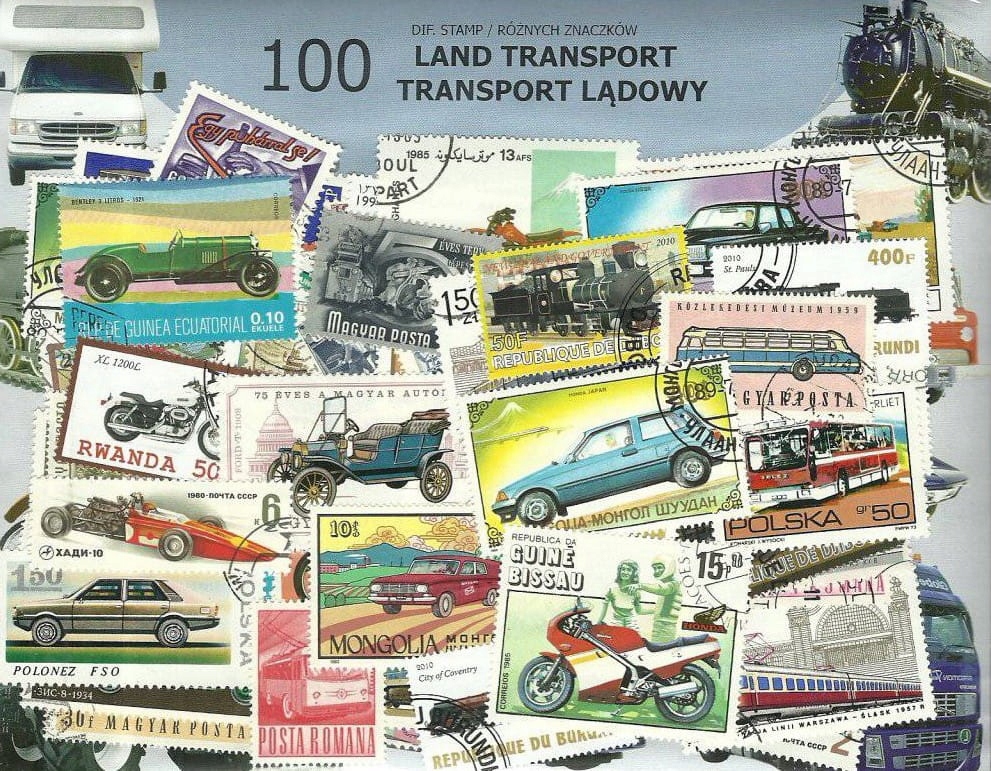 Pakiet 100 znaczków pocztowych - TRANSPORT LĄDOWY