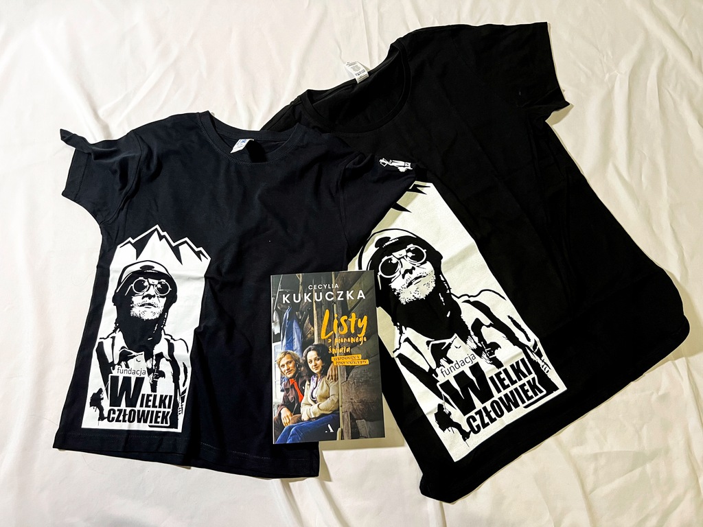 Książka z dedykacją Cecylii Kukuczki z koszulką damską XL i dziecięcą