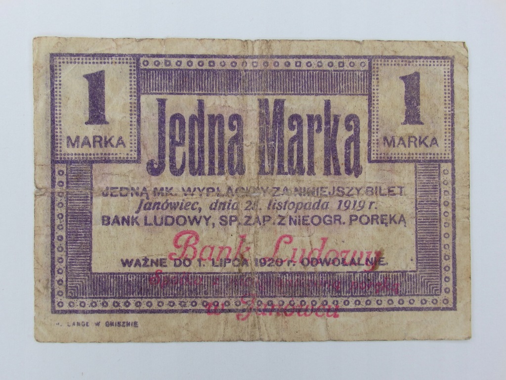 Polska - Janówiec - 1 marka - 1919 - stempel długi