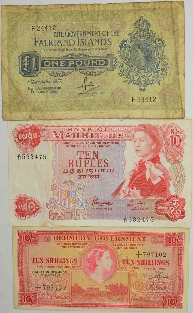 15.fu.Zest.Bermudy, Mauritius,..., Banknoty szt.3