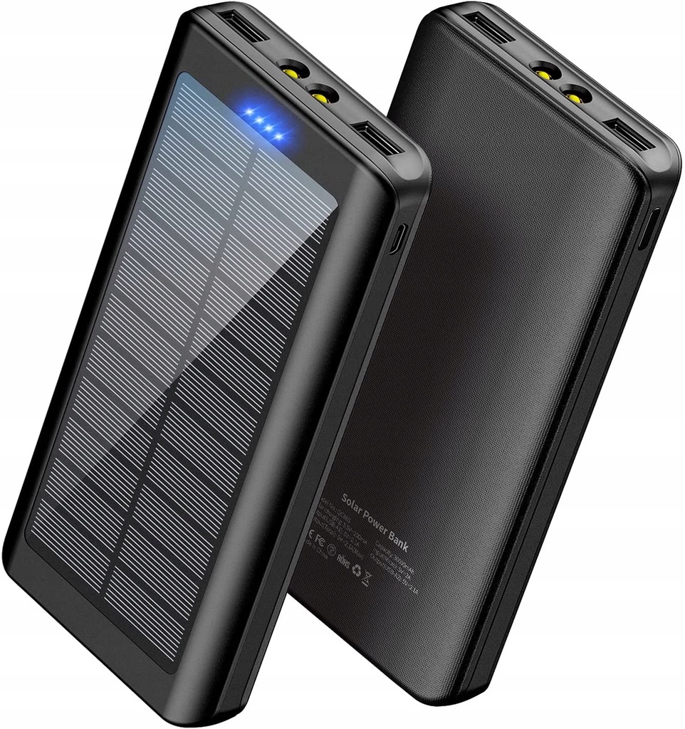 Power bank solarny 30000mAh, przenośny, USB, LED