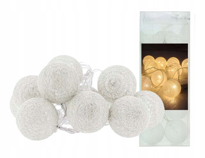 Lampki cotton balls 10 led 2m białe kule barwa ciepły na baterię AA