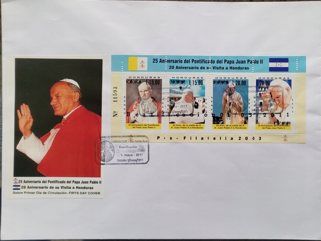 Papież JP II - FDC HONDURAS 2011 - SAN PEDRO SULA - 2 koperty