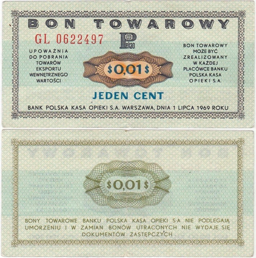 Pekao, Bon Towarowy 1 Cent 1.7.1969
