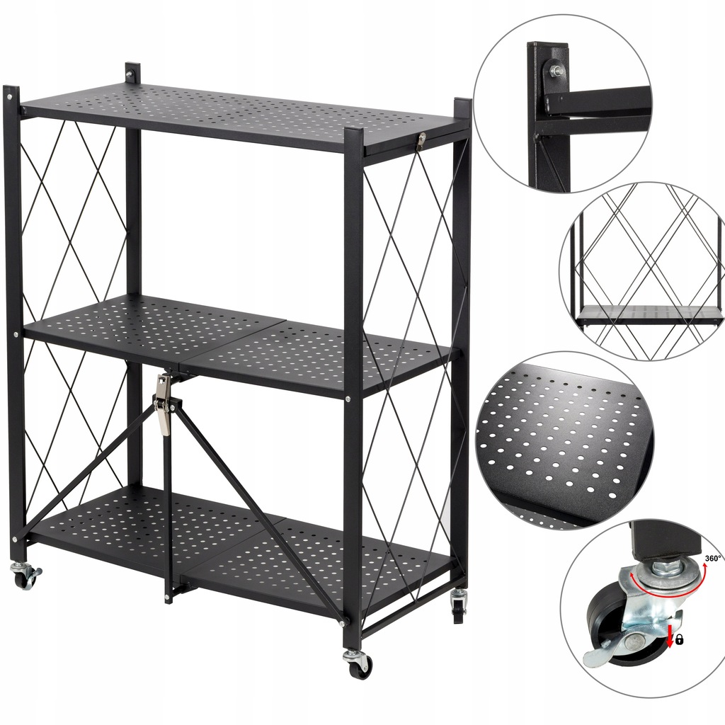 REGAŁ METALOWY SKŁADANY NA KÓŁKACH 3 PÓŁKI LOFT 3x50kg
