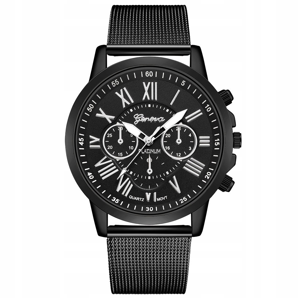 Zegarek MĘSKI GENEVA bransoleta czarny srebrny