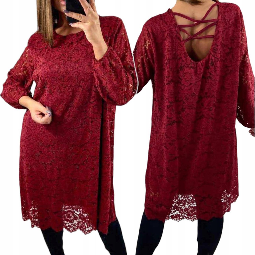 Elegancka Sukienka Czerwona Koronka Kobieca Luźna wygodna 46 48 3xl 4xl