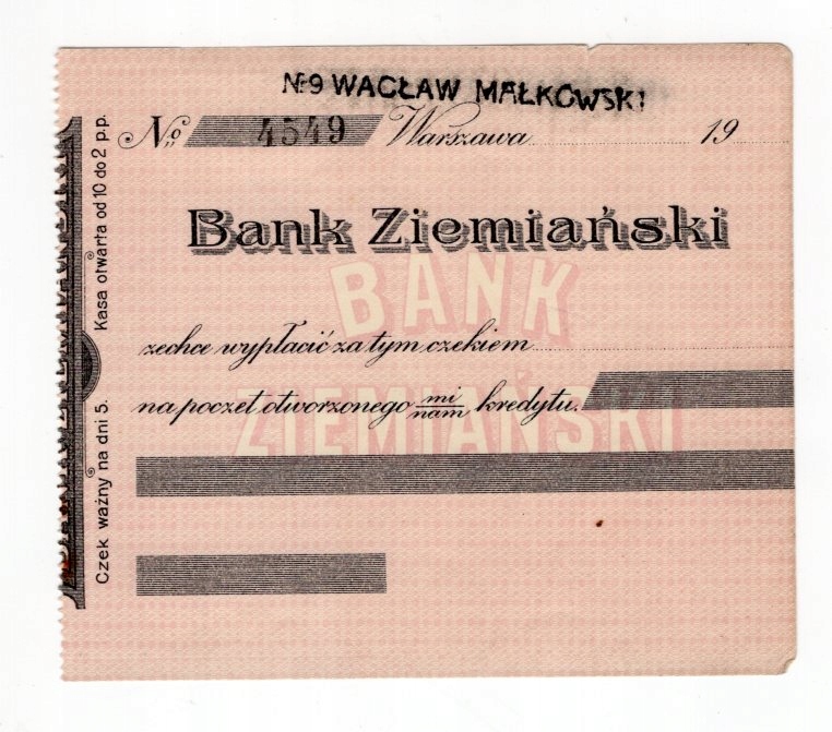 Czek Banku Ziemiańskiego w Warszawie