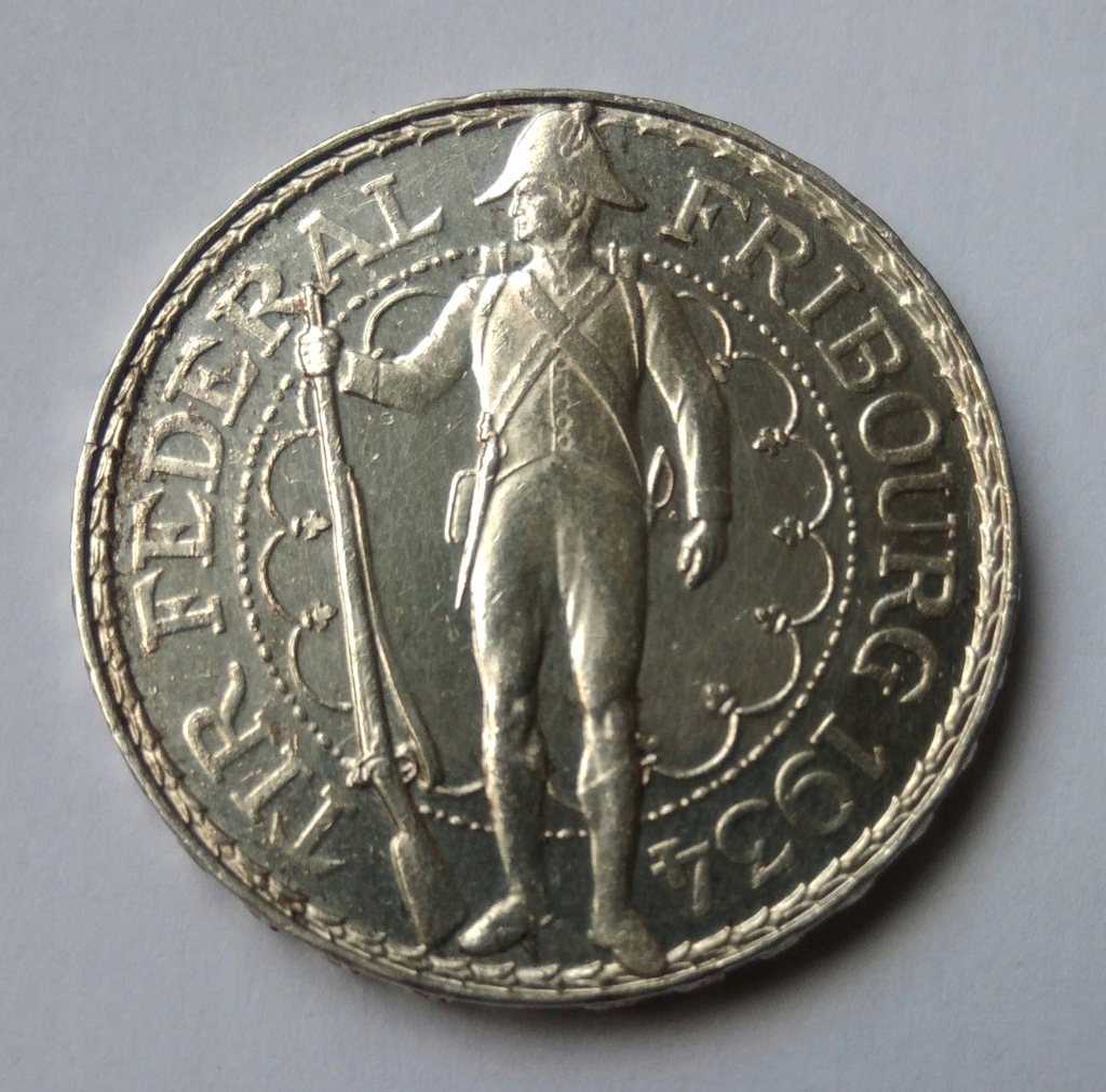 Moneta 5 franków 1934r talar strzelecki Fribourg