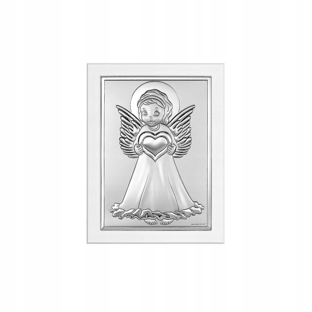 Srebrny obrazek Anioł Stróż z sercem nowoczesny w białej oprawie 8x11 cm