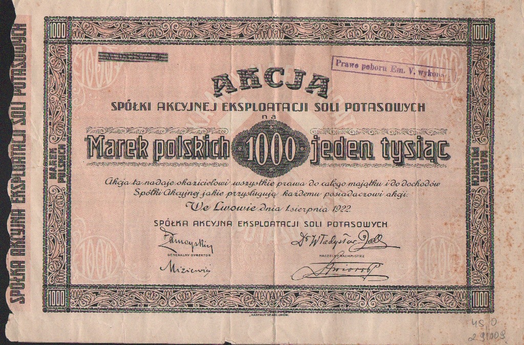 Sole potasowe Lwów 1000 mkp 1922 r RR