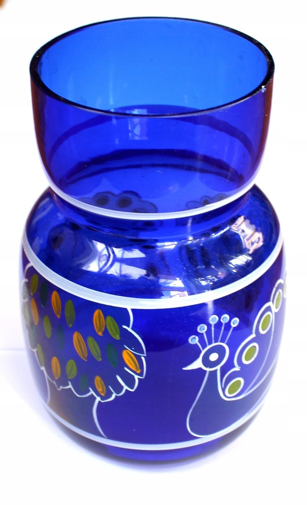 Kobaltowy pękaty wazon ręcznie malowany pawie i drzewa vintage PRL